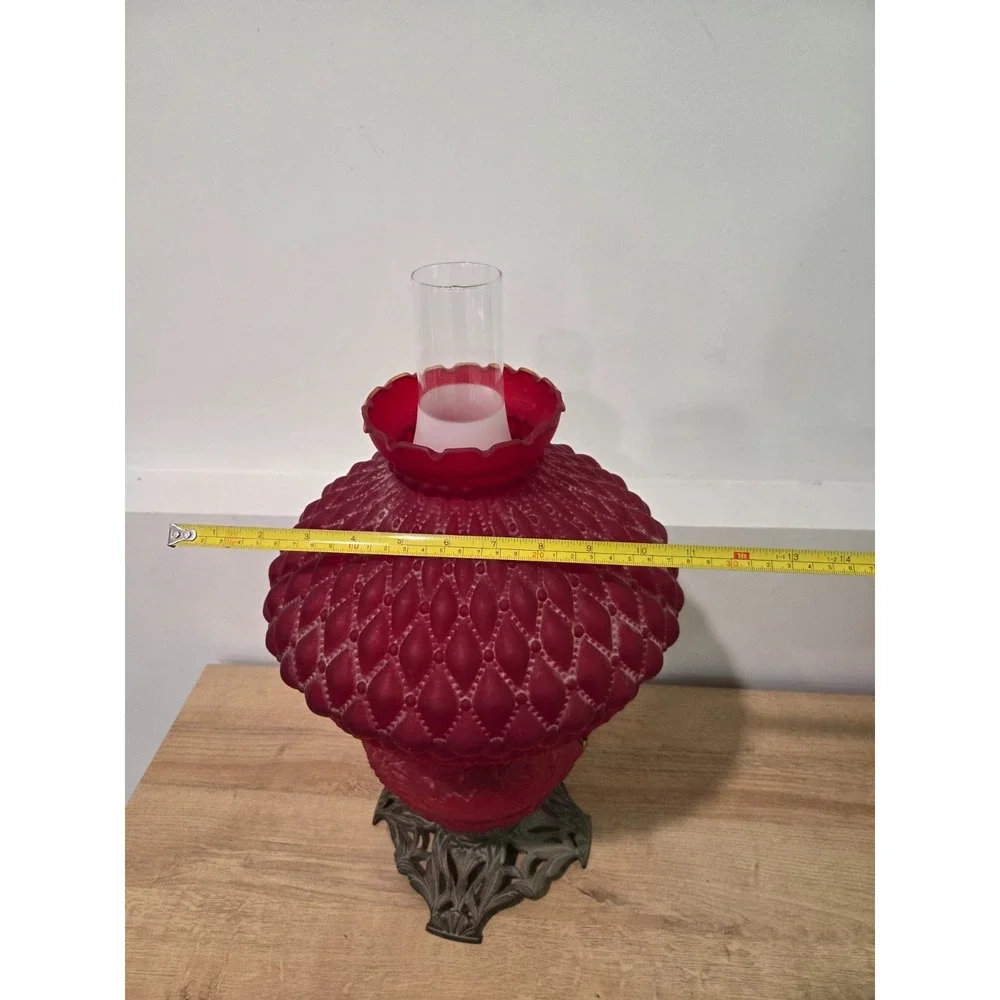 Antique Red Satin Quilted Glass Aladdin Style Oil Lamp Brass Base 20''
